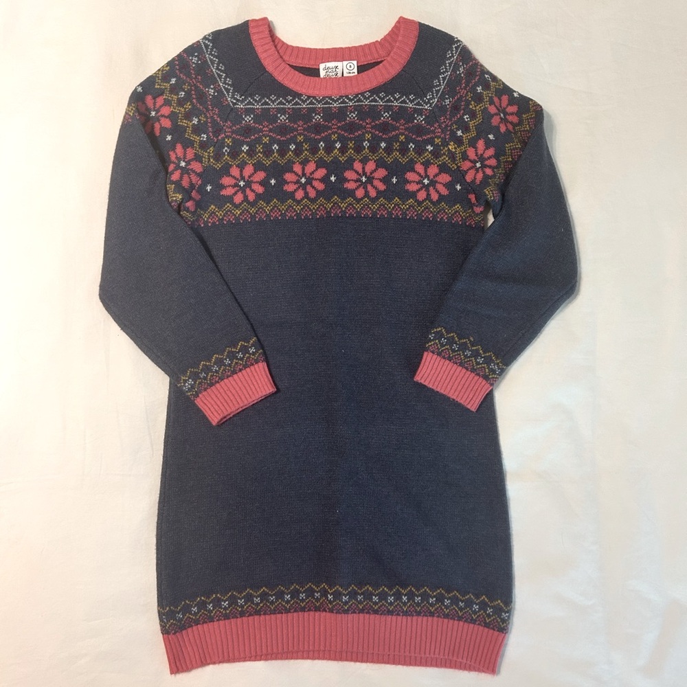 Deux Par Deux Navy Sweater Dress with Pink Floral Pattern